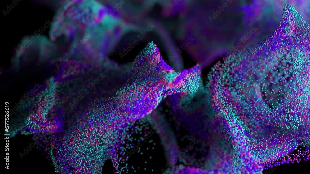 Poster abstract particles effect. macro view. shape deformation. particle cloud blow. exploding spheres. 3d