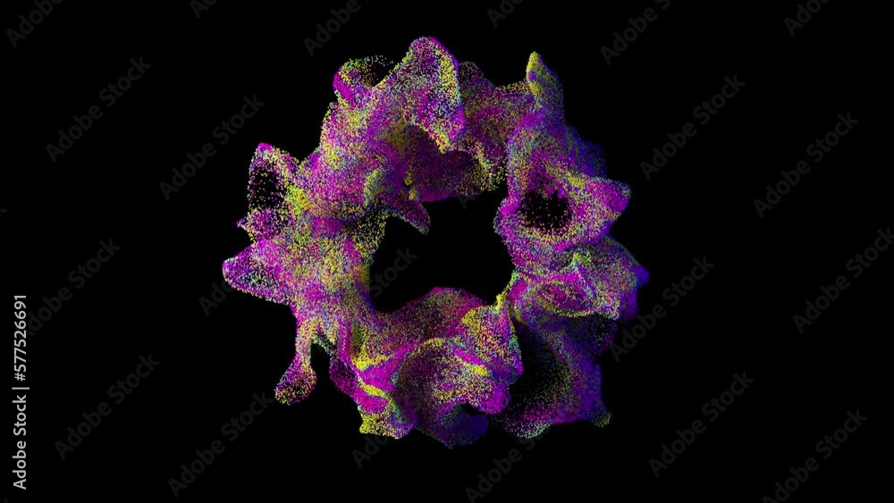 Poster colorful 3d ring. abstract particles effect. shape deformation. particle cloud blow. exploding spher
