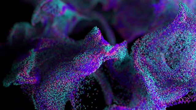 Abstract particles effect. Macro view. shape deformation. Particle cloud blow. Exploding spheres. 3d rendering. 4k  footage.