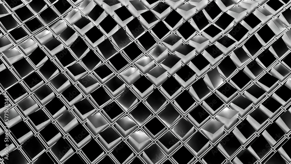 Poster gray and orange grid. design. rising and descending grid with patterns in animation on a black backg