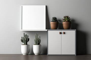 Two flower pots mock up on grey cabinet against white wall. Generative AI