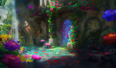  a painting of a garden with flowers and a waterfall in the background.  generative ai
