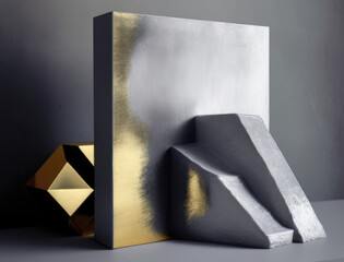 abstract painting featuring metallic tones and textures resembling an alloy. Podium, empty showcase for packaging product presentation, AI generation.
