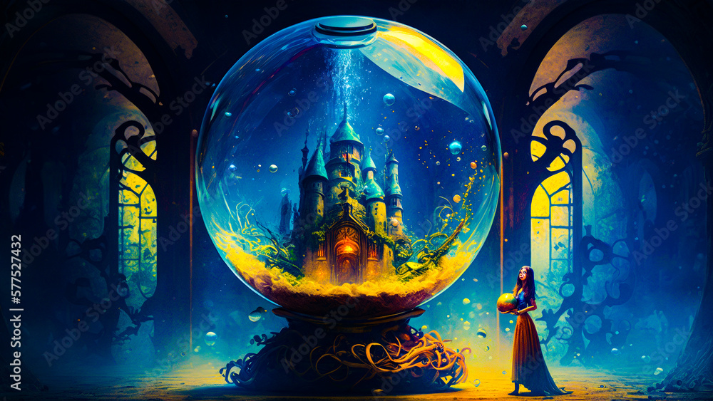 Aufkleber snow globe with castle inside of it. fantasy. generative ai.