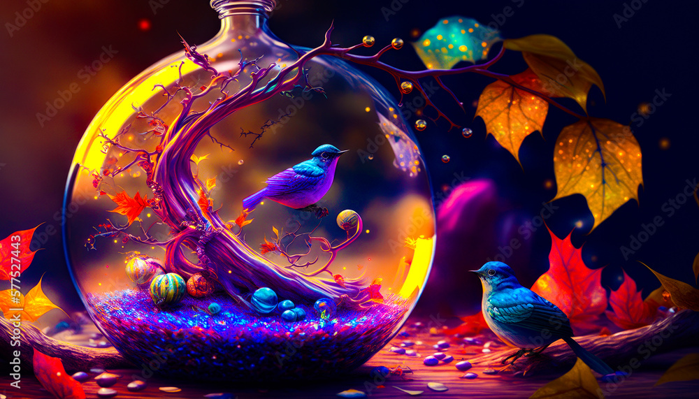 Poster glass ball with tree inside of it. fantasy. generative ai.