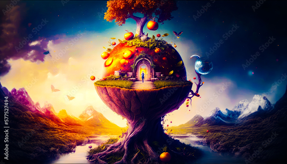 Poster tree stump with house on top of it. fantasy. generative ai.