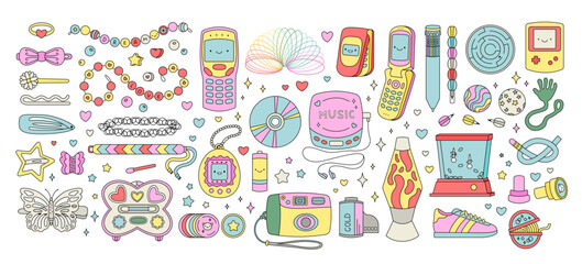 Y2k set items. Hairpins, bracelets, flip phones and other elements in trendy nostalgic 2000s style. 90s, 00s childhood aesthetic. 