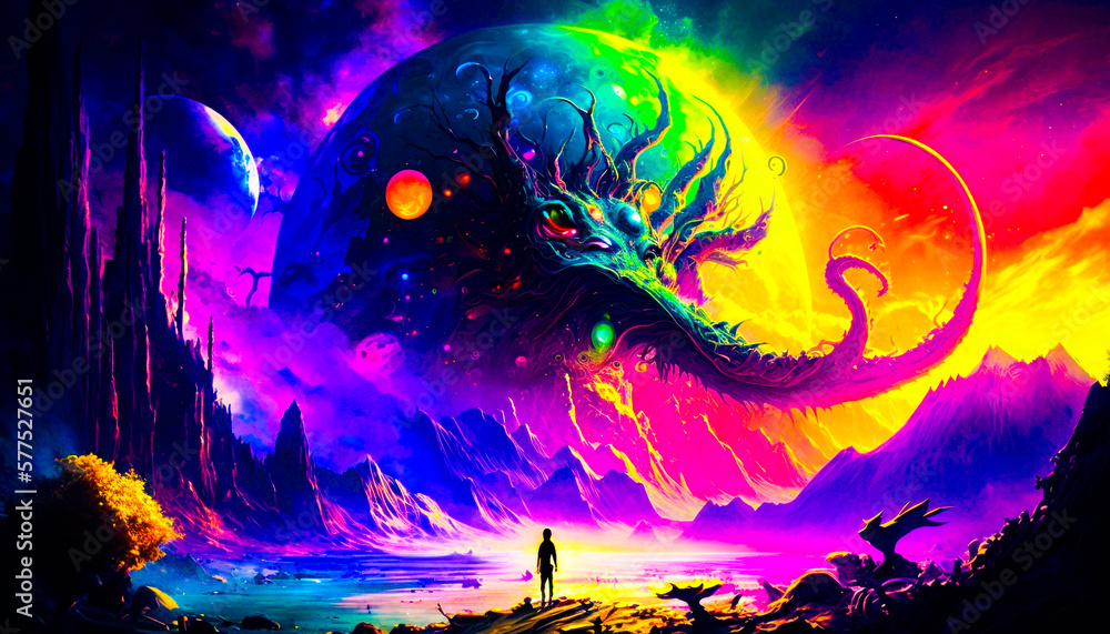 Poster man standing in front of painting of dragon. fantasy. generative ai.