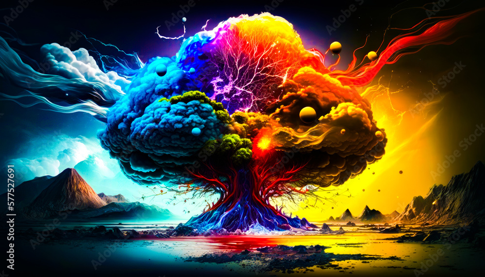 Poster painting of tree with different colors. fantasy. generative ai.