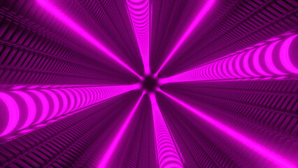 Purple and red tunnel. Design. Light long closed corridor in animation which is highlighted in different shades.