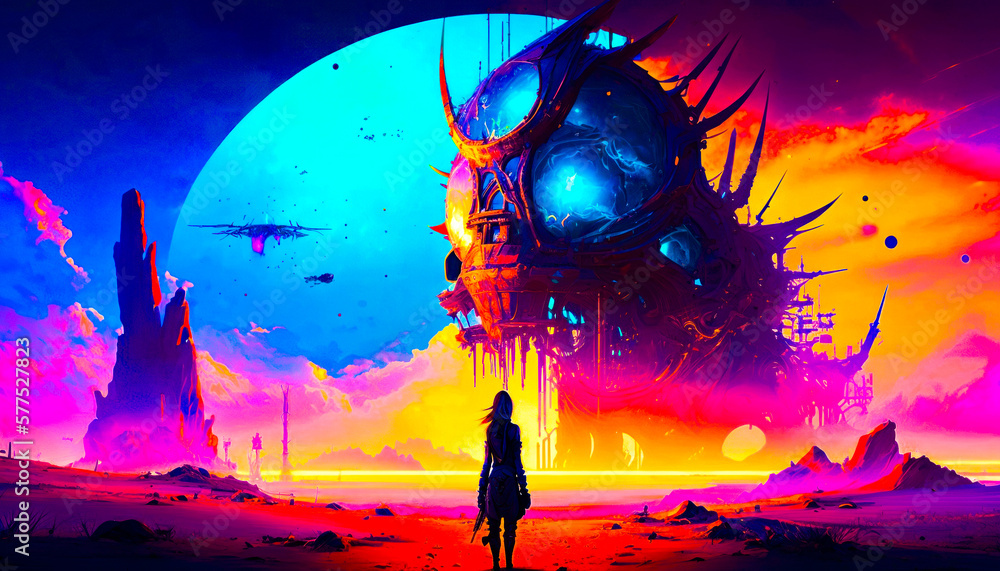 Poster person standing in front of giant alien like structure. fantasy. generative ai.