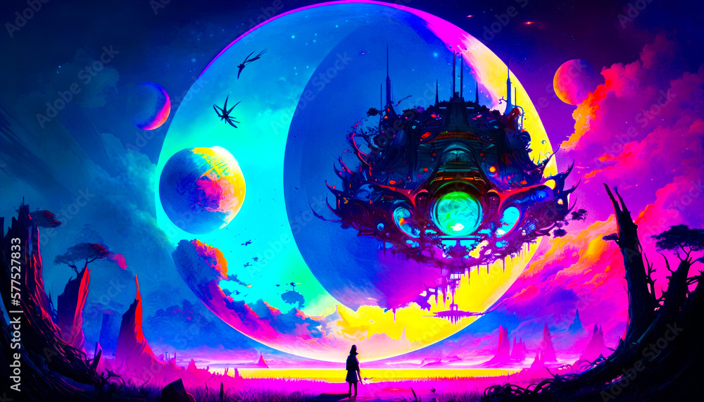 Aufkleber man standing in front of colorful painting. fantasy. generative ai.