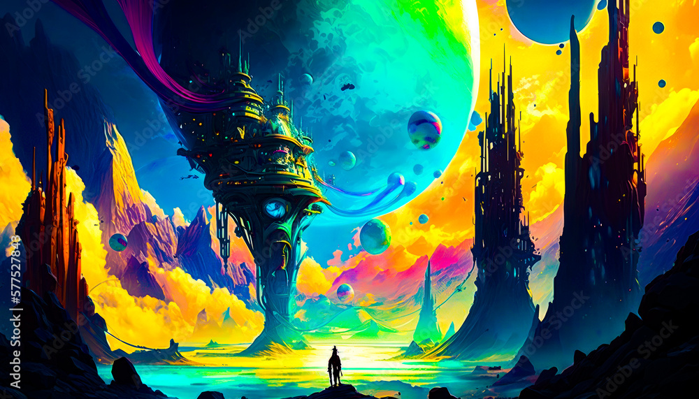Poster man standing on top of mountain under colorful sky. fantasy. generative ai.