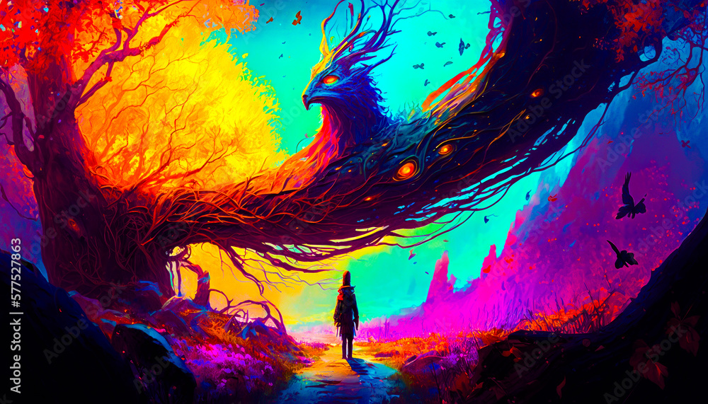 Poster painting of person standing in front of tree. fantasy. generative ai.