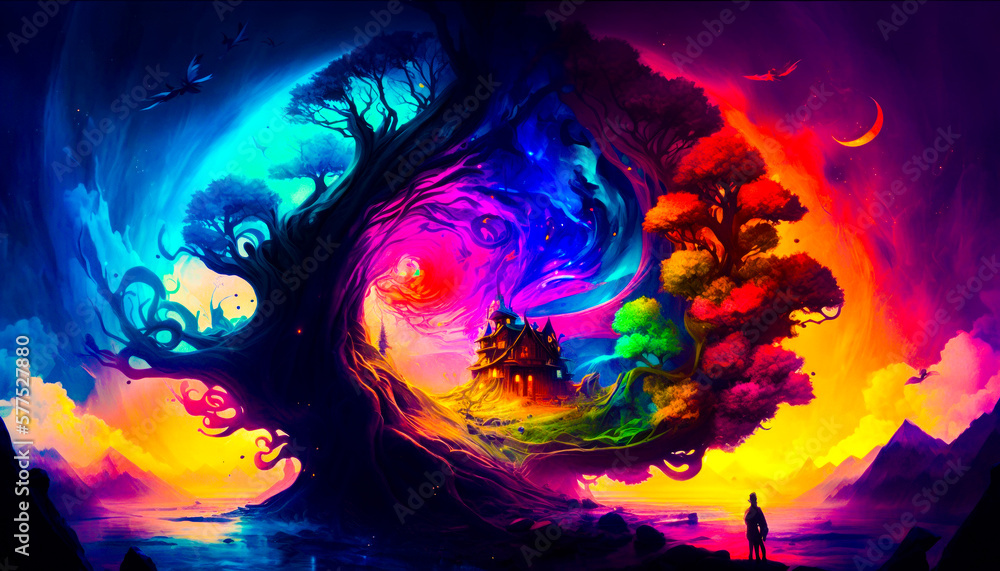 Aufkleber painting of tree with man standing in front of it. fantasy. generative ai.