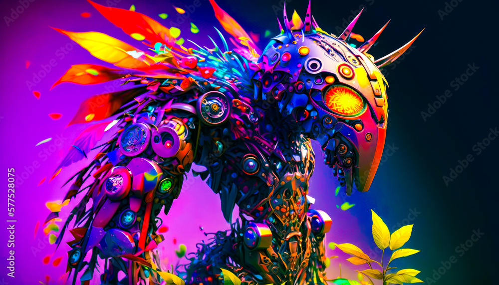Poster colorful robot is standing in field of flowers. fantasy. generative ai.