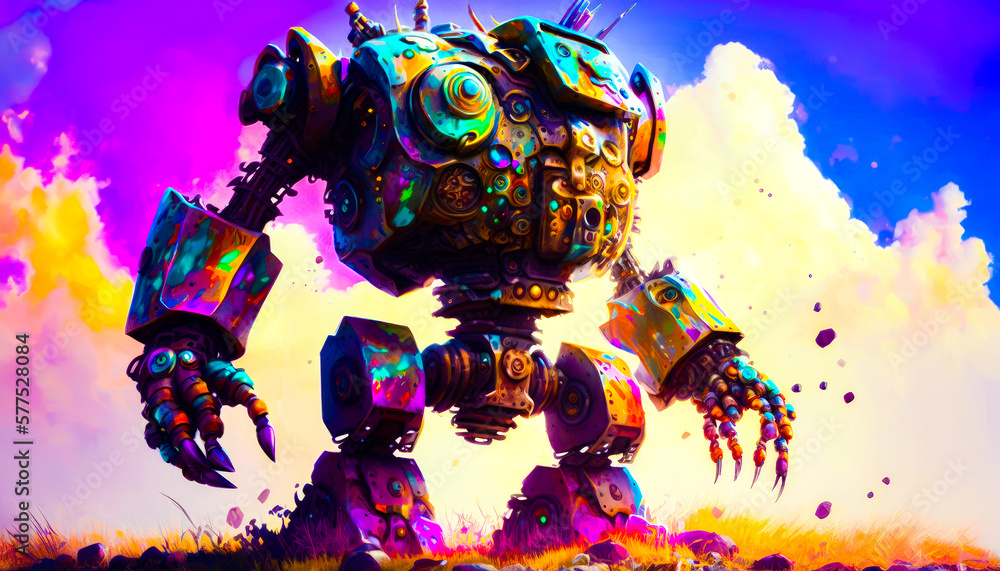 Poster painting of giant robot standing in the middle of field. fantasy. generative ai.