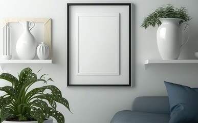 picture frame mockup on a wall vertical frame mockup in modern minimalist interior with plant in trendy vase on wall background, Template for painting, photo or poster