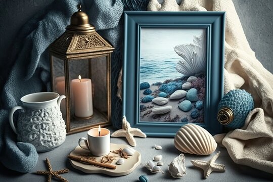 Marine inspired still life. A knitted tablecloth on a white table with a light background, a kerosene lamp, a shell, stones, an empty form, an empty image in a frame, and a painting with a marine them
