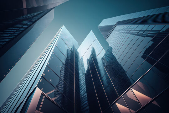 low angle shot of modern tall open glass structure business office tower buildings, business, finances, generative AI