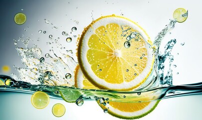  a slice of lemon being dropped into water with a splash.  generative ai