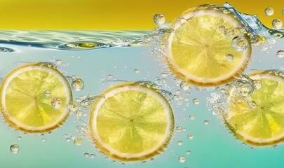  a group of lemons floating in water with bubbles on a yellow and blue background.  generative ai