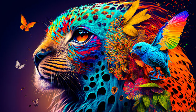 Colorful painting of leopard and bird. Fantasy. Generative AI.