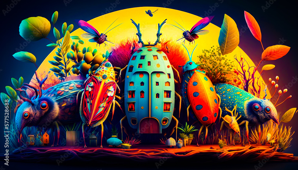 Poster group of bugs that are standing in the grass. fantasy. generative ai.