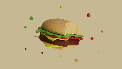 Bitten burger 3d illustration on light background with abstract spheres around