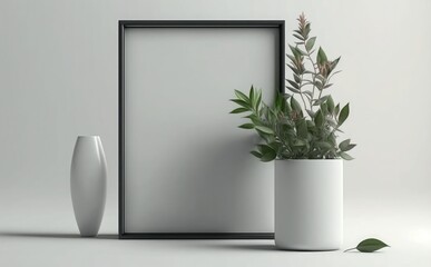 Blank picture frame mockup on a wall vertical frame mockup in modern minimalist interior with plant in trendy vase on wall background, Template for painting, photo or poster