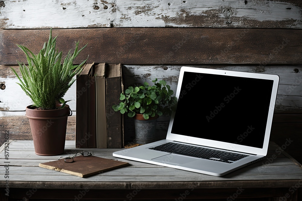 Poster office or home workspace with a laptop computer and file folders on a wooden table and an old wooden