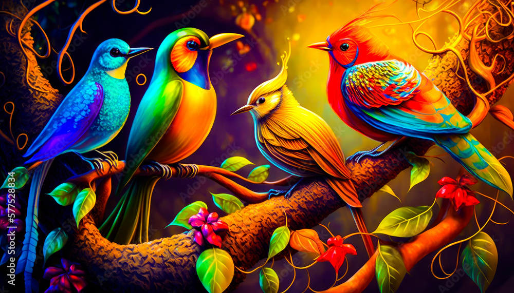 Poster three colorful birds sitting on tree branch. fantasy. generative ai.