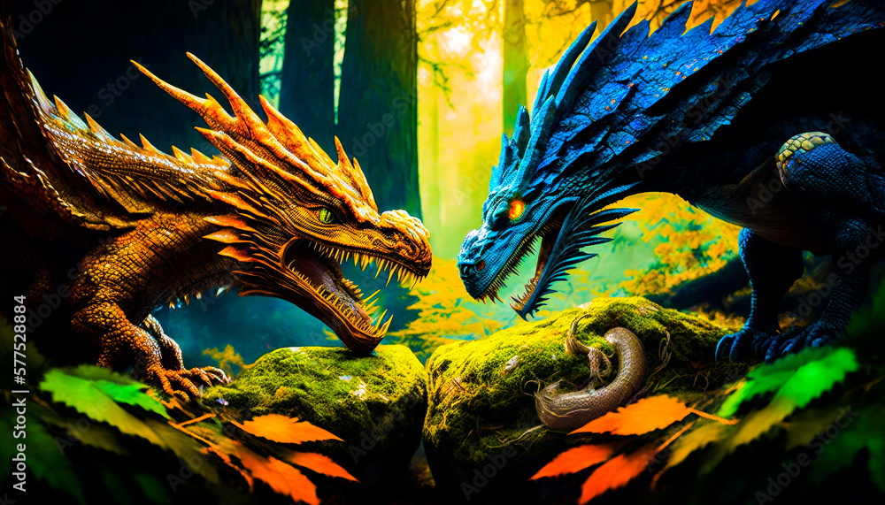 Poster two dragon fighting in the forest with each other. fantasy. generative ai.