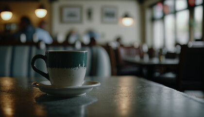 Fototapeta premium cup of tea coffee at a cafe/ restaurant Generative AI, Generativ, KI