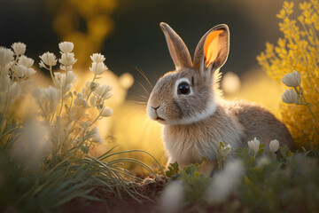 Fototapeta premium Cute rabbit sitting between flowers in beautiful rich spring meadow, easter bunny, generative AI