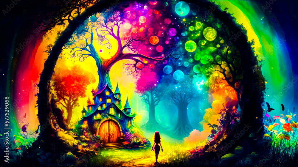 Poster painting of rainbow colored forest with person standing in front of it. fantasy. generative ai.