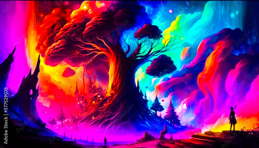 Poster colorful painting of tree with man standing in front of it. fantasy. generative ai.