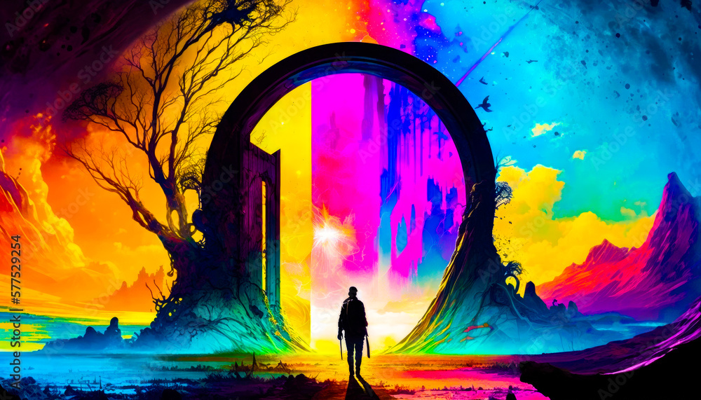 Poster man standing in front of colorful painting. fantasy. generative ai.