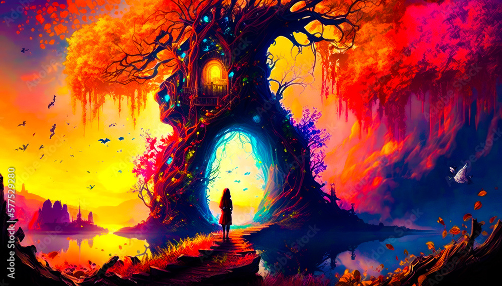 Aufkleber painting of tree with person standing in front of it. fantasy. generative ai.