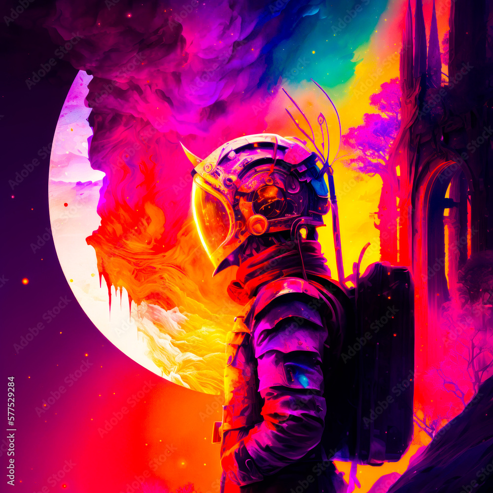 Poster man in space suit standing in front of full moon. fantasy. generative ai.