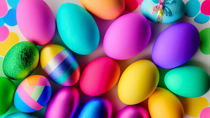 Colorful background of easter eggs collection, easter celebration. Generative AI 