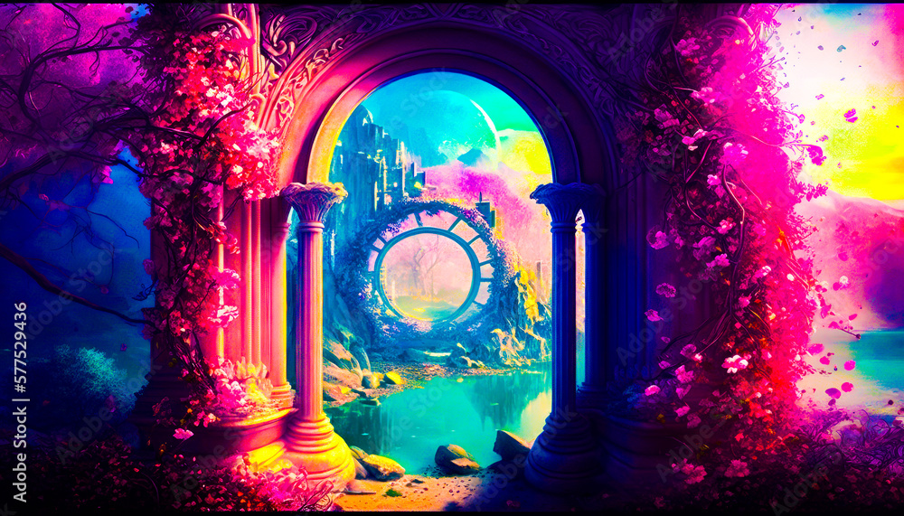 Poster painting of fantasy scene with clock. fantasy. generative ai.