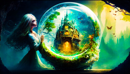 Woman standing in front of crystal ball. Fantasy. Generative AI.