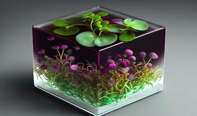  a glass box with plants inside of it on a table.  generative ai