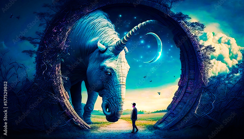 Poster man standing next to an elephant in doorway. fantasy. generative ai.