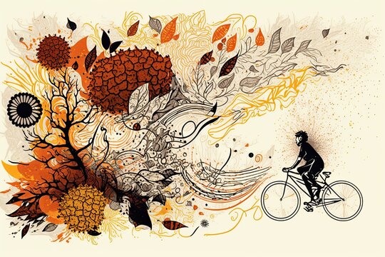 abstract autumn concept with floral line art and man ride a bicycle illustration painting, background, illustration, generative ai