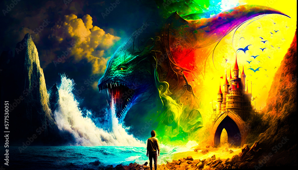 Aufkleber man standing in front of dragon next to castle. fantasy. generative ai.