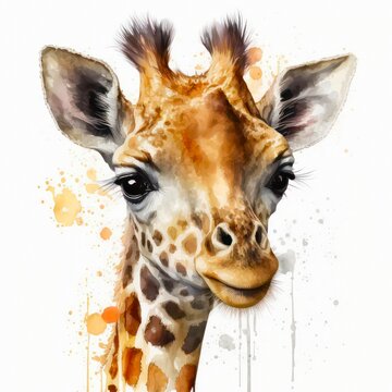 Watercolor illustration of a cute giraffe with paint splashes. Portrait of a young pretty giraffe in aquarelle style. Generative AI art.