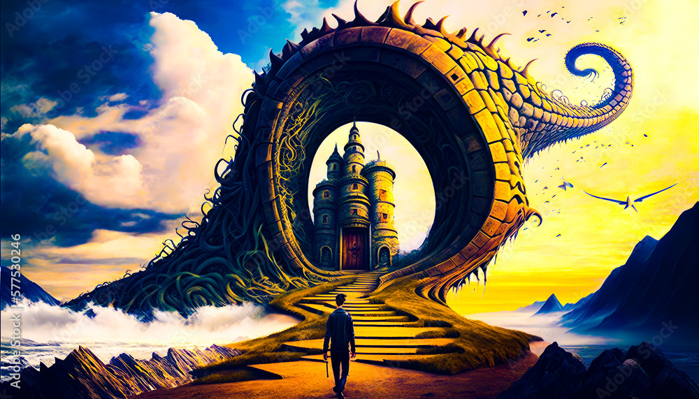 Poster painting of man standing in front of giant structure. fantasy. generative ai.