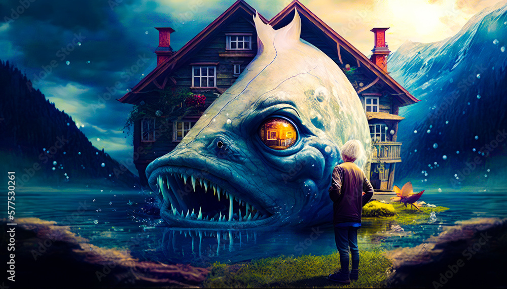 Poster man standing next to giant fish in front of house. fantasy. generative ai.